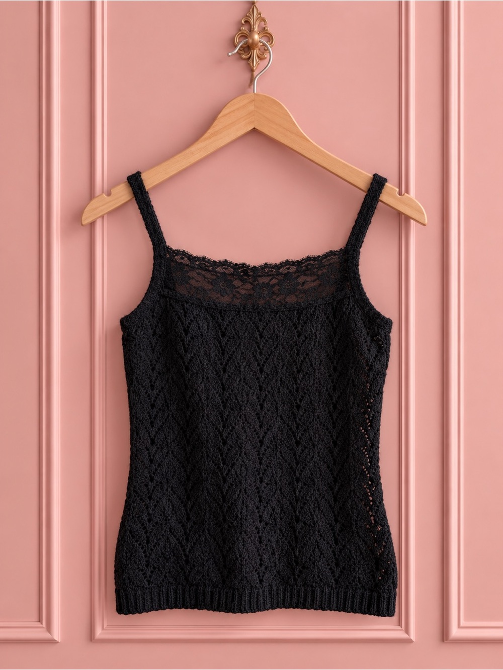 Y2K Tristan & Iseut Black Lace Knit Cami Tank Top Size XS